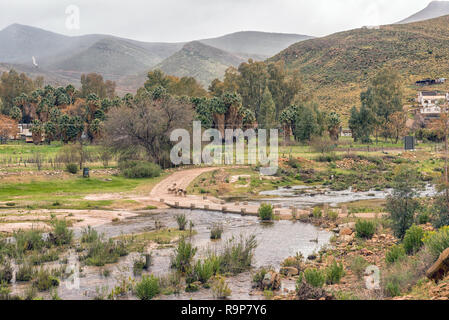 Niedrigwasser Brücke über den Tra Tra River bei Wupperthal in den Cederberg Berge der Provinz Western Cape. Schafe sind sichtbar Stockfoto