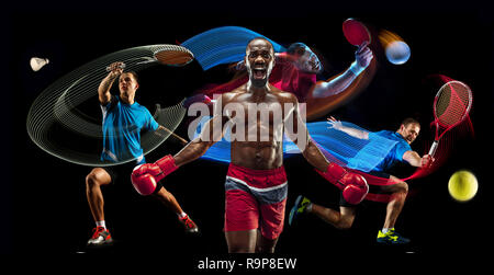 Angriff. Sport Collage über Badminton, Tennis, Boxen, Tischtennis Spieler auf Schwarz Stockfoto