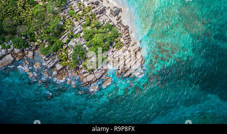 Tropischer Strand mit Meer und Palmen aus drohne getroffen. Seychellen berühmten Shark Beach - Luftbild Stockfoto