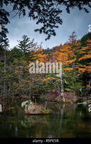 Myojin Teich in Kamikochi im Herbst, die Japanischen Alpen, Chubu Sangaku National Park Stockfoto