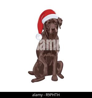 Chocolate Labrador in Santa Hut sitzen und eine Pfote. Brauner Hund auf weißem Hintergrund. Adorable Santa Hund für Ihr Design. Stock Vektor