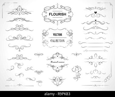 Satz von gedeihen Frames, Grenzen, Etiketten. Sammlung von originalen Designelemente. Vektor Kalligraphie wirbelt, schwappt, kunstvolle Motive und Schriftrollen. Stock Vektor