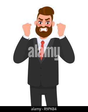 Wütend, aggressiv, frustrierte Geschäftsmann die Fäuste. Man laut schreien. Böse, negative, schlechte Gesichtsausdruck. Menschliche emotion Konzept Vektor. Stock Vektor