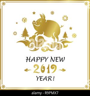 Happy Chinese New Year 2019. Jahr des Schweins. Vektor Vorlage für die glückwunschkarte, Flyer, Kalender, Einladung, Plakat, Broschüre und Banner. Stock Vektor