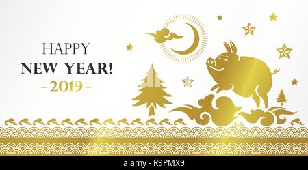 Happy Chinese New Year 2019. Jahr des Schweins. Vektor Vorlage für die glückwunschkarte, Flyer, Kalender, Einladung, Plakat, Broschüre und Banner. Stock Vektor
