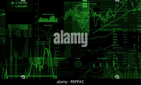 3D-Rendering von Aktienindizes im virtuellen Raum. Wirtschaftswachstum, Rezession. Elektronische virtuelle Plattform zeigen Trends und Börsefluktuationen Stockfoto