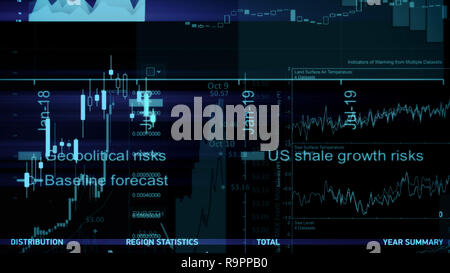 3D-Rendering von Aktienindizes im virtuellen Raum. Wirtschaftswachstum, Rezession. Elektronische virtuelle Plattform zeigen Trends und Börsefluktuationen Stockfoto