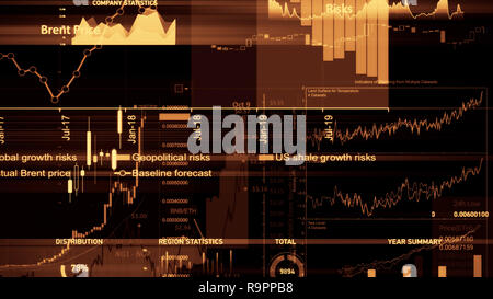 3D-Rendering von Aktienindizes im virtuellen Raum. Wirtschaftswachstum, Rezession. Elektronische virtuelle Plattform zeigen Trends und Börsefluktuationen Stockfoto