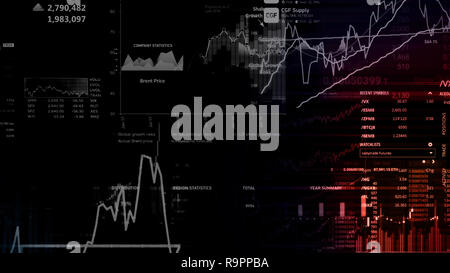 3D-Rendering von Aktienindizes im virtuellen Raum. Wirtschaftswachstum, Rezession. Elektronische virtuelle Plattform zeigen Trends und Börsefluktuationen Stockfoto