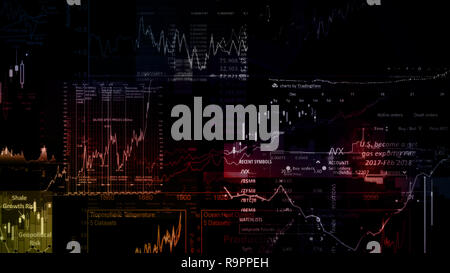 3D-Rendering von Aktienindizes im virtuellen Raum. Wirtschaftswachstum, Rezession. Elektronische virtuelle Plattform zeigen Trends und Börsefluktuationen Stockfoto