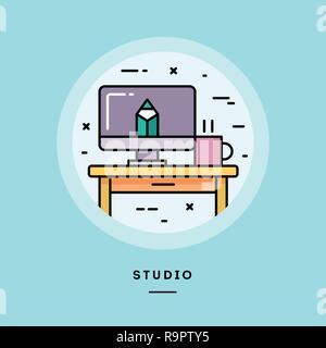 Studio, flache Bauform dünne Linie Banner. Vector Illustration. Stock Vektor