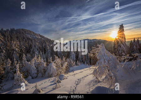 Schöne Winterlandschaft Landschaft bei Sonnenuntergang - tolles Winterbild wallpaper von Poiana Brasov Rumänien Stockfoto