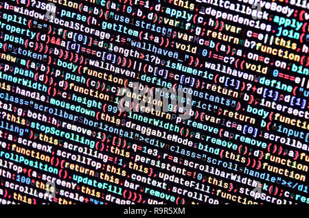 Javascript Funktionen, Variablen, Objekte. Monitor Nahaufnahme der Funktion Source Code. IT-Arbeitsplatz. Große Daten- und Internet der Dinge Trend. HTM Stockfoto