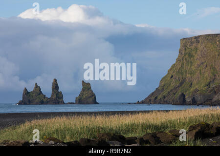 Felsen Reynisdrangar, Felsnadeln, an der Küste von Vík í Mýrdal, "00203bin sumpfigen Tal", Vik i Myrdal, Balatonfüred in der isländischen Gemeinde Mýrdalur Stockfoto