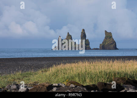 Felsen Reynisdrangar, Felsnadeln, an der Küste von Vík í Mýrdal, "00203bin sumpfigen Tal", Vik i Myrdal, Balatonfüred in der isländischen Gemeinde Mýrdalur Stockfoto