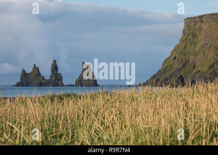 Felsen Reynisdrangar, Felsnadeln, an der Küste von Vík í Mýrdal, "00203bin sumpfigen Tal", Vik i Myrdal, Balatonfüred in der isländischen Gemeinde Mýrdalur Stockfoto