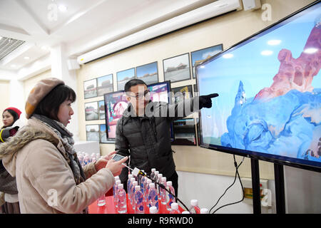 (181228) - Peking, 28. Dez., 2018 (Xinhua) - Ein Mitarbeiter stellt eine mobile Game zu einem Kunden während einer Pressekonferenz im Palastmuseum in Beijing, die Hauptstadt Chinas, Dez. 28, 2018. Ein Spiel bei dem Palast Museum und NetEase produziert wurde hier Freitag ins Leben gerufen. (Xinhua / Jin Liangkuai) Stockfoto