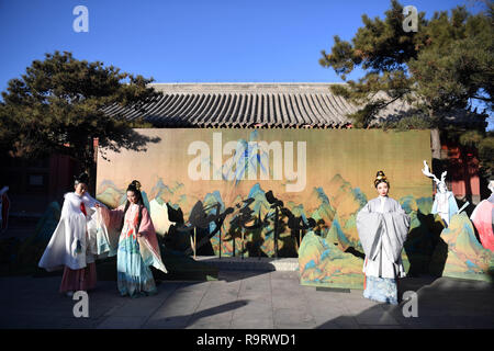 (181228) - Peking, 28. Dez., 2018 (Xinhua) - Modelle während einer Pressekonferenz von einem mobilen Spiel in das Palastmuseum in Beijing, die Hauptstadt Chinas, Dez. 28, 2018. Ein Spiel bei dem Palast Museum und NetEase produziert wurde hier Freitag ins Leben gerufen. (Xinhua / Jin Liangkuai) Stockfoto