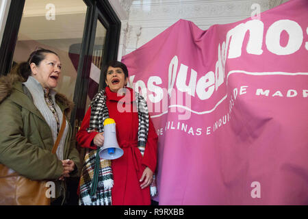 Madrid, Spanien. 28 Dez, 2018. Aktivisten gesehen gegen den Fonds innerhalb der Sitz von Tessa Iberica schreien unter einer Fahne, die sagt, 'Wir sind'' Während des Protestes 50 Aktivisten der Mieter Union von Madrid protestiert haben, drücken Sie die Taste und die Vertreibung der Juan de Vera aus dem Haus, in dem er lebt von der Tessa Iberica, Fonds zu stoppen. Die Aktivisten haben die zentrale gegangen mit dem Rechtsanwalt des Unternehmens zu sprechen. Credit: Lito Lizana/SOPA Images/ZUMA Draht/Alamy leben Nachrichten Stockfoto