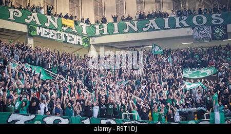 Athen, Griechenland. 28 Dez, 2018. Panathinaikos Fans wave Flags in der Euroleague Basketball Match zwischen Panathinaikos und CSKA Moskau im Olympic Indoor Hall. Credit: Ioannis Alexopoulos/SOPA Images/ZUMA Draht/Alamy leben Nachrichten Stockfoto