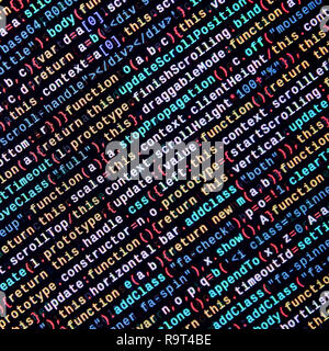 Javascript Funktionen, Variablen, Objekte. Monitor Nahaufnahme der Funktion Source Code. IT-Arbeitsplatz. Große Daten- und Internet der Dinge Trend. HTM Stockfoto
