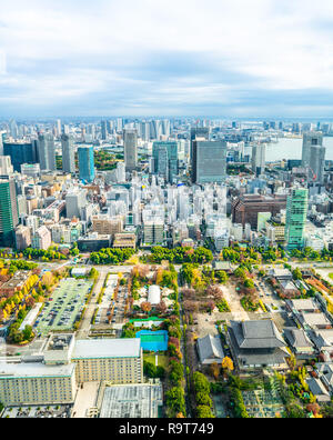 Asien Business Konzept für Immobilien und Corporate Bau - urban skyline Luftbild unter strahlend blauen Himmel und die Sonne in Tokio, Japan. Stockfoto