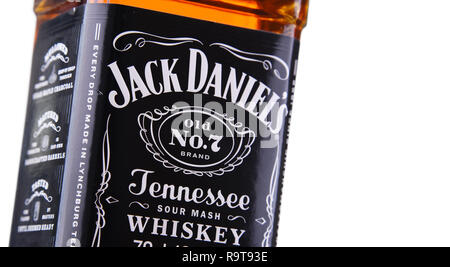 POZNAN, POL-Aug 8, 2018: eine Flasche Jack Daniel's, eine Marke der meistverkaufte amerikanische Whiskey in der Welt, produziert durch die Jack Daniel Distillery Stockfoto