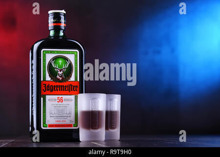 POZNAN, Polen - 29.November 2018: Flasche Jagermeister, Deutschen digestif mit 56 Kräuter und Gewürze, das Flaggschiff der Mast-Jagermeister SE Stockfoto
