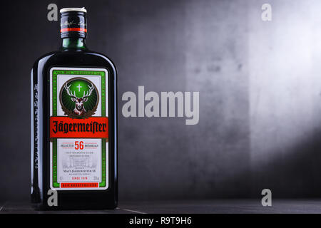 POZNAN, Polen - 29.November 2018: Flasche Jagermeister, Deutschen digestif mit 56 Kräuter und Gewürze, das Flaggschiff der Mast-Jagermeister SE Stockfoto