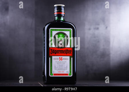POZNAN, Polen - 29.November 2018: Flasche Jagermeister, Deutschen digestif mit 56 Kräuter und Gewürze, das Flaggschiff der Mast-Jagermeister SE Stockfoto
