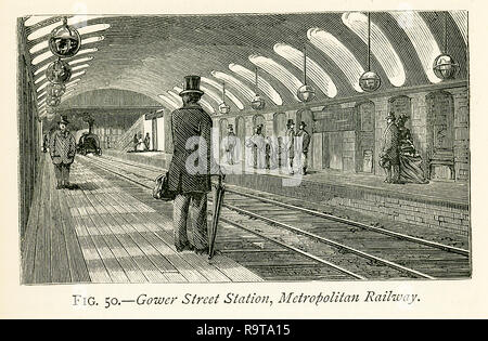 Diese Abbildung stammt aus dem Jahr 1870 und zeigt die Gower Street Bahnhof in England in den 1870er Jahren - eine Haltestelle der Stadtbahn. Die Buchung Büros für die Linie sind auf der einen Seite der Straße, und für die Zeile nach unten auf der anderen. Diese Ansicht stellt das Innere der Gower Street Station. In jedem der Plattformen sind 325 m lang und 10 m breit, und die Stationen sind durch seitliche Öffnungen, durch die Federung des Bogens bildet das Dach beleuchtet. Dieser Bogen ist ein Teil eines Kreises von 32 m Radius, mit einer Spannweite von 45 m und einem Anstieg von 9 ft. An der Krone. Die seitliche Eröffnung Stockfoto