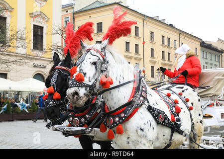 Beliebte Reiten und Kutschfahrten rund um die Altstadt in Krakau, an Weihnachten, in Polen, in Europa Stockfoto