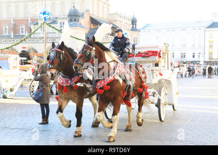 Beliebte Reiten und Kutschfahrten rund um die Altstadt in Krakau, an Weihnachten, in Polen, in Europa Stockfoto