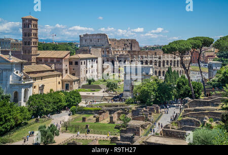 Blick auf den Arch von Titus, der bekannte Campanile von Santa Francesca Romana und das mächtige Kolosseum Amphitheater vom Palatin, Forum Romanum, Ro Stockfoto