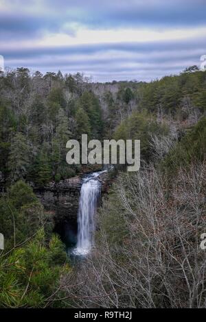 Anzeigen von Foster fällt von einer Kante an einem bewölkten Morgen entlang der Feurigen Gizzard Trail im Cumberland Plateau in Tennessee. Stockfoto