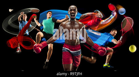 Angriff. Sport Collage über Badminton, Tennis, Boxen und Handball Spieler auf Schwarz Stockfoto