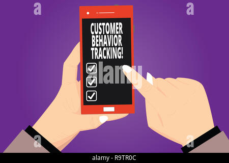 Text Zeichen zeigt das Verhalten der Kunden verfolgen. Konzeptionelle Foto Aktion, mit der Anwender ihre Firma Hu Analyse Hände halten, Tou Bezug nimmt, Stockfoto