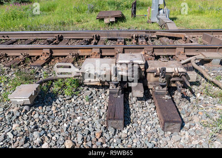 Eine elektrische Eisenbahn Schalter an der Canadian National Railway in British Columbia, Kanada Stockfoto