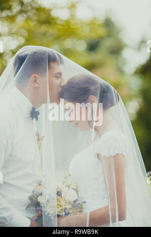 Hochzeit paar im Freien unter dem bradal Schleier Stockfoto