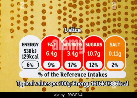 Ampel system Nährwertangaben farbkodierte Label auf Box von Sainsbury's Schmecken Sie den Unterschied reichen&fruchtig Stollen Schichten Stockfoto