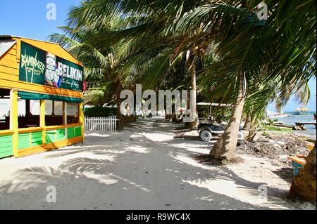 Weißer Sand Spazierwegen entlang der Küste auf Caye Caulker, Belize Stockfoto