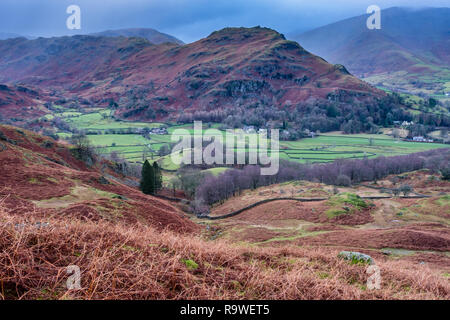 Helm Crag und Sitz Sandale, von der unteren Flanken von Silber wie, in der Nähe von Grasmere, Lake District, Cumbria gesehen Stockfoto