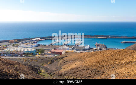 Luftaufnahme der Hafen von Morro Jable an der Südküste der Insel Fuerteventura, Kanarische Inseln, Spanien Stockfoto