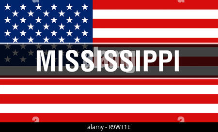 Mississippi State auf eine USA-Flagge im Hintergrund, 3D-Rendering. Vereinigte Staaten von Amerika Fahne im Wind. Stolz, Amerikanische Fahne Winken, uns Mississippi Stockfoto