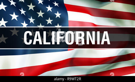 California State auf eine USA-Flagge im Hintergrund, 3D-Rendering. Vereinigte Staaten von Amerika Fahne im Wind. Stolz, Amerikanische Fahne Winken, USA Kalifornien s Stockfoto