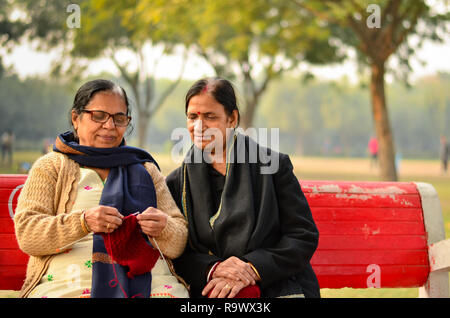 Zwei ältere indische Frauen diskutieren, wie Stricken Pullover und lächelnd in einem Park im Winter in Delhi, Indien Stockfoto