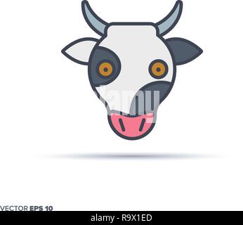 Cute cow Gesicht Umrisse vektor Icon mit Farbe füllen. Lustige Tier Abbildung. Stock Vektor