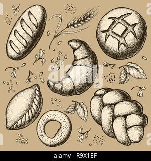 Jahrgang hand gezeichnete Skizze stil Bäckerei. Brot und Gebäck Bonbons auf grunge Hintergrund. Stock Vektor