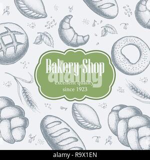 Bäckerei Hintergrund. Lineare Grafik. Brot und Gebäck. Brot Haus. Graviert Top view Abbildung. Vector Illustration Stock Vektor