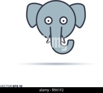 Süße Elefant Gesicht Umrisse vektor Icon mit Farbe füllen. Lustige Tier Abbildung. Stock Vektor